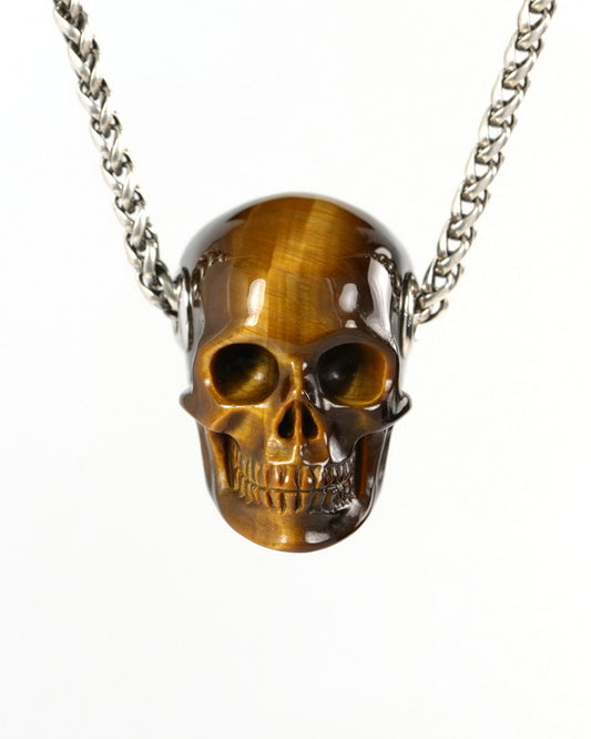 Skullis Signature Gold Tiger's Eye Gem Skull Pendant or Necklace, Hand Carved, for Women & Men - ZR19900264