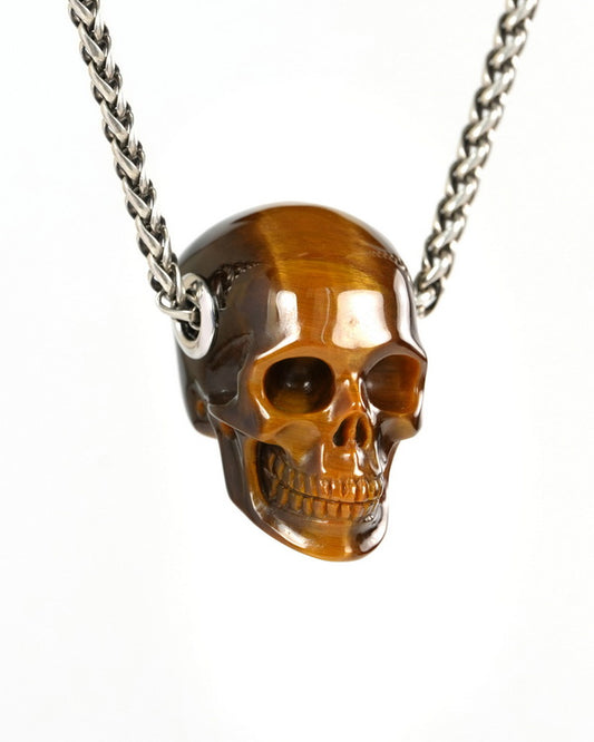 Skullis Signature Gold Tiger's Eye Gem Skull Pendant or Necklace, Hand Carved, for Women & Men - ZR19900265