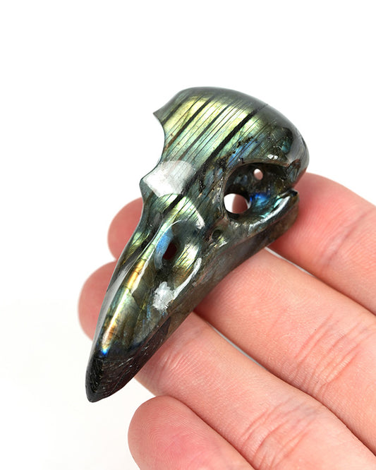Night Pathfinder - Gem Raven Skull Pendant Necklace of Labradorite Carved Raven Skull - 9900300