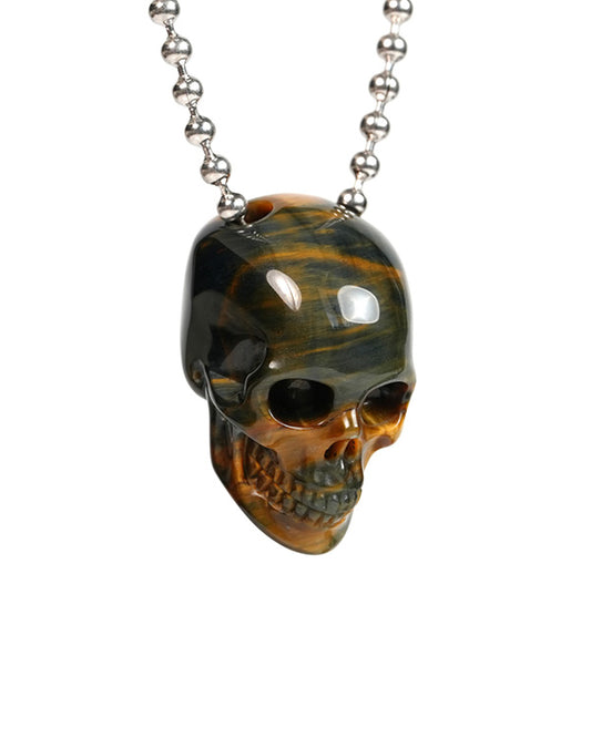Hollow Essence - Gem Skull Pendant Necklace of Blue & Gold Tiger's Eye Carved Hollow Skull - 9900304