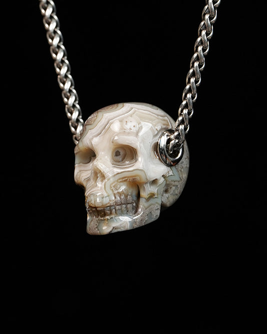 Skullis Signature Red Crazy Lace Agate Gem Skull Pendant or Necklace, Hand Carved, for Women & Men - 9900310