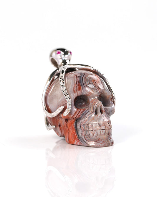 Embrace of the Abyssal Octopus - Gem Skull Pendant Necklace of Red Crazy Lace Agate Carved Skull with Ruby Eyes Octopus in 925 Sterling Silver - ZR19900311