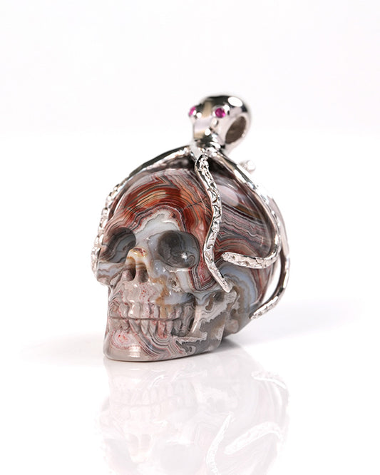 Embrace of the Abyssal Octopus - Gem Skull Pendant Necklace of Red Crazy Lace Agate Carved Skull with Ruby Eyes Octopus in 925 Sterling Silver - ZR19900313