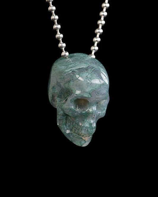 Hollow Essence - Gem Skull Pendant Necklace of Green Moss Agate Carved Hollow Skull - Y9900314