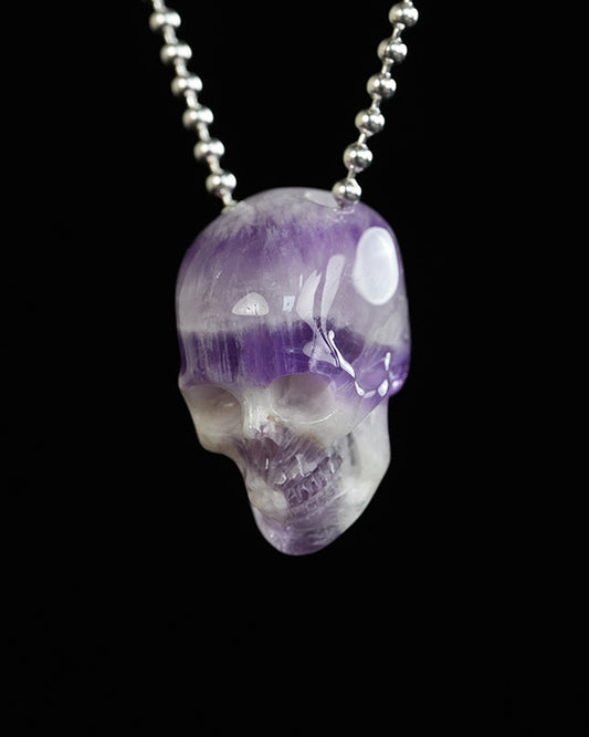Hollow Essence - Gem Skull Pendant Necklace of Dream Chevron Amethyst Carved Hollow Skull - Y9900319