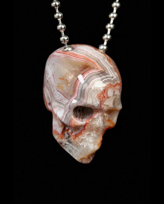 Hollow Essence - Gem Skull Pendant Necklace of Red Crazy Lace Agate Carved Hollow Skull - Y9900330