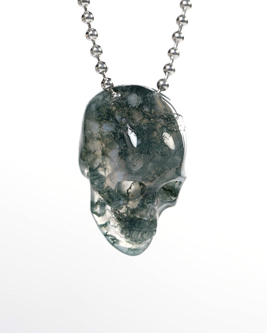 Hollow Essence - Gem Skull Pendant Necklace of Green Moss Agate Carved Hollow Skull - Y9900344