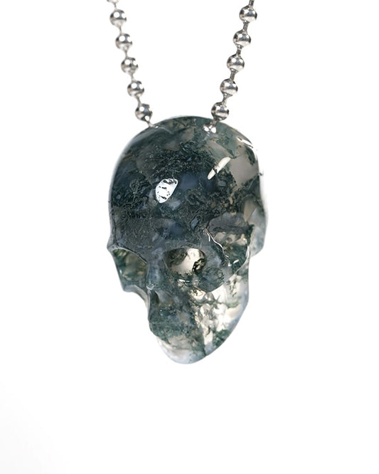 Hollow Essence - Gem Skull Pendant Necklace of Green Moss Agate Carved Hollow Skull - Y9900346
