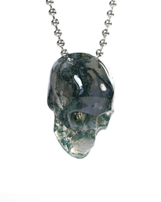 Hollow Essence - Gem Skull Pendant Necklace of Green Moss Agate Carved Hollow Skull - Y9900347