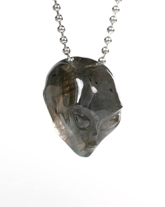 Hollow Essence - Gem Skull Pendant Necklace of Labradorite Carved Hollow Alien - Y9900355