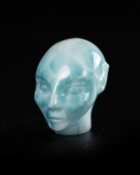 1.3" Larimar Hand Carved Gem Elf, Skullis Realistic - 9900359