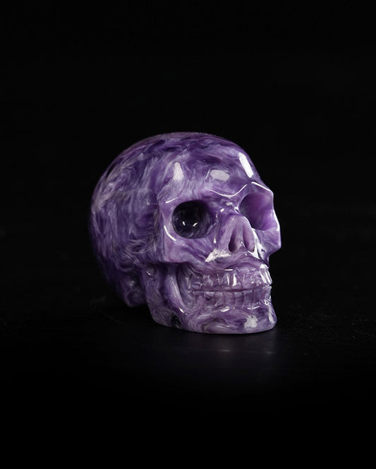 1.2" Russian Charoite Hand Carved Gem Skull, Skullis Realistic - 9900372