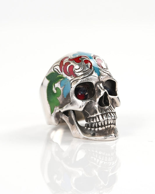 Vein of Life - Gem Skull Ring of Cloisonné with 925 Sterling Silver Carved Skull, US size 8 - Y9900375