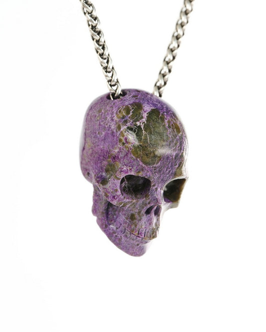 Hollow Essence - Gem Skull Pendant Necklace of Stichtite and Serpentine Carved Hollow Skull - 9900426