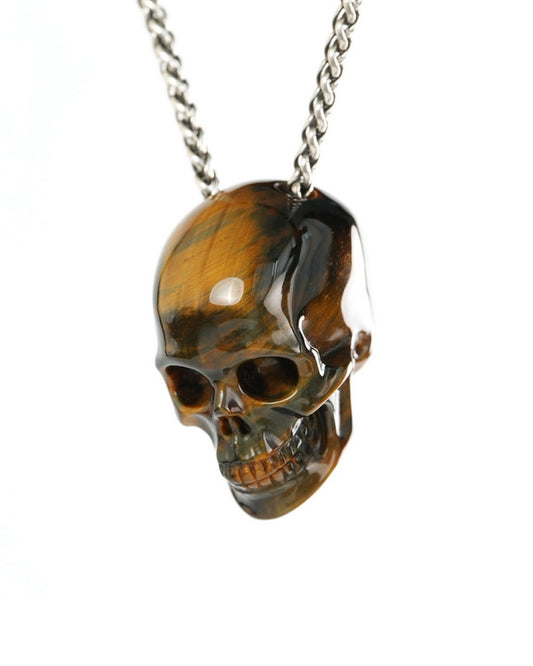 Hollow Essence - Gem Skull Pendant Necklace of Blue & Gold Tiger's Eye Carved Hollow Skull - 9900427