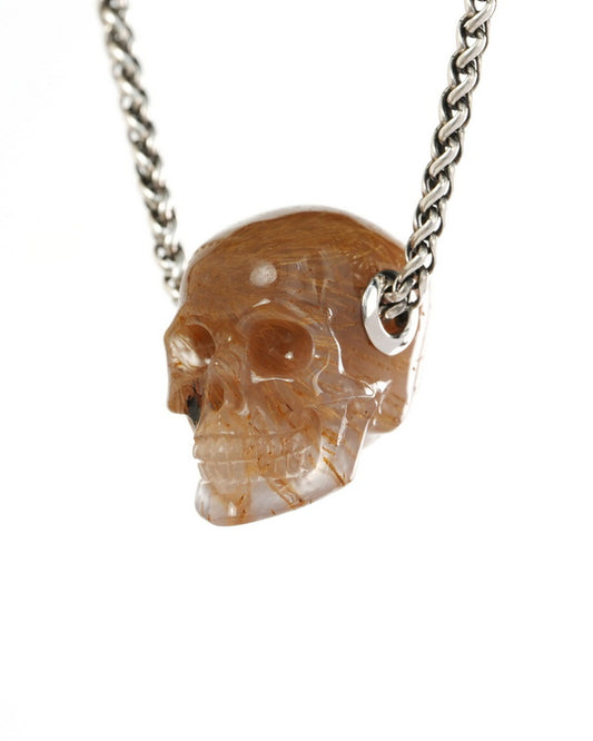 Skullis Signature Sagenitic Agate Gem Skull Pendant or Necklace, Hand Carved, for Women & Men - 9900429