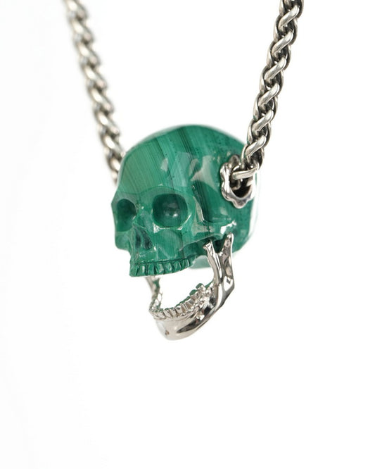 Gem Skull Pendant Necklace of Malachite Hand Carved Skull with Movable Jaw in 925 Sterling Silver - 9900434