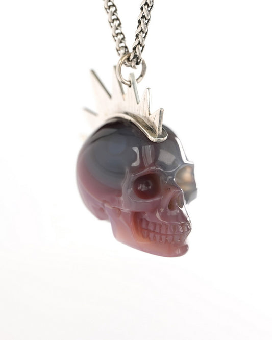 Gem Skull Pendant Necklace of Mozambique Agate Crystal Carved Skull with Punk Hair in Sterling Silver - 9900435