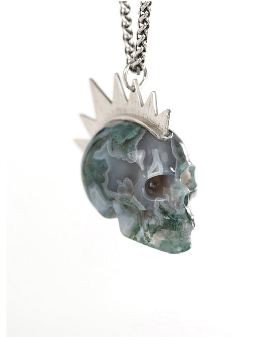 Gem Skull Pendant Necklace of Green Moss Agate Crystal Carved Skull with Punk Hair in Sterling Silver - 9900436