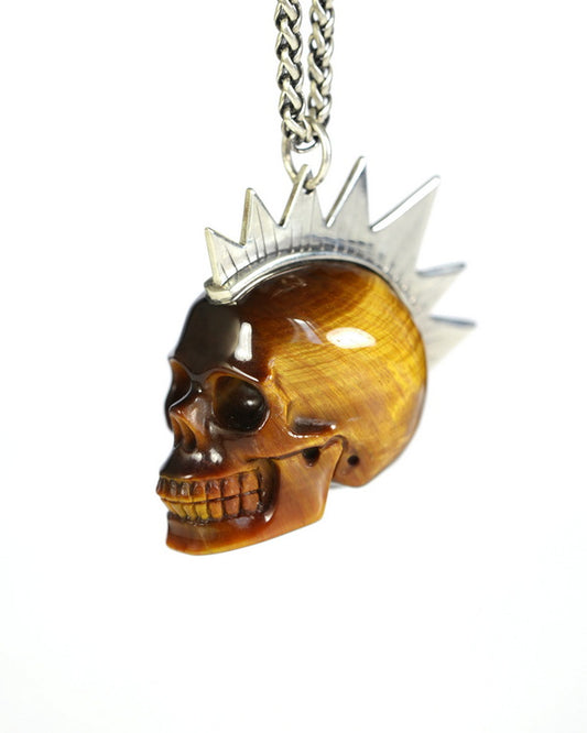 Gem Skull Pendant Necklace of Gold Tiger's Eye Crystal Carved Skull with Punk Hair in Sterling Silver - 9900437