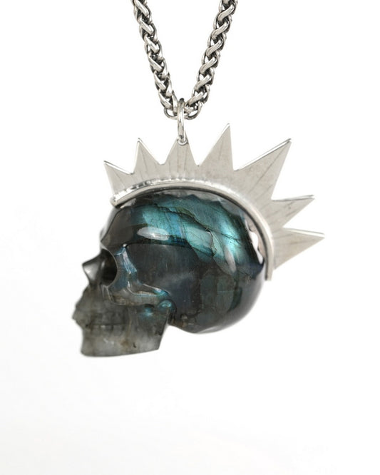 Gem Skull Pendant Necklace of Labradorite Crystal Carved Skull with Punk Hair in Sterling Silver - 9900438
