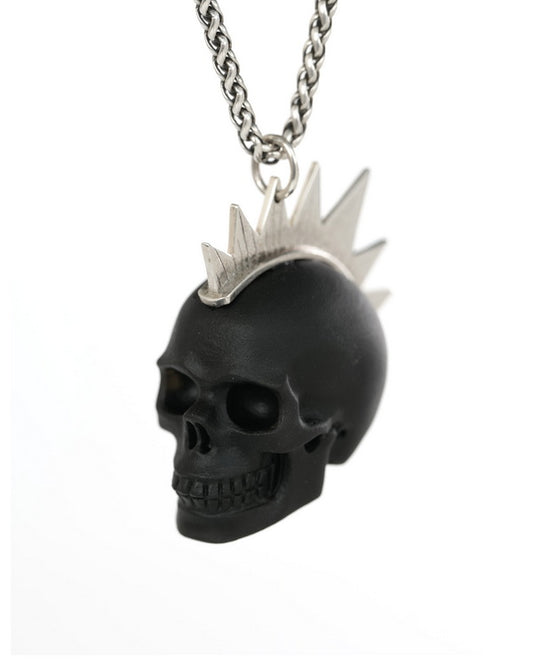Gem Skull Pendant Necklace of Frosted Black Obsidian Crystal Carved Skull with Punk Hair in Sterling Silver - 9900439