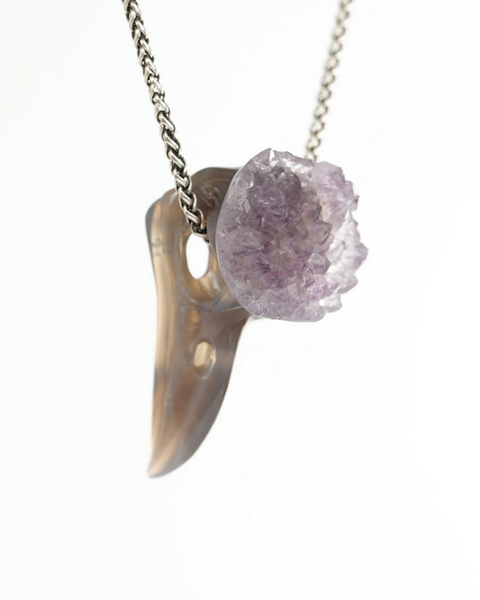 Night Pathfinder - Gem Raven Skull Pendant Necklace of Agate Amethyst Druse Carved Raven Skull - 9900440