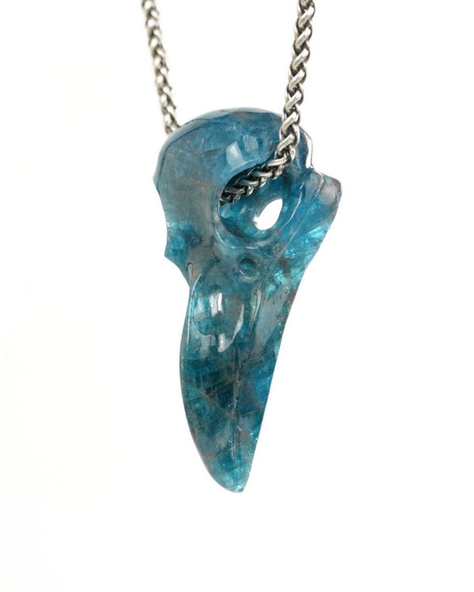 Night Pathfinder - Gem Raven Skull Pendant Necklace of Blue Apatite Carved Raven Skull - 9900441