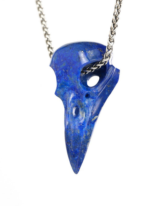 Night Pathfinder - Gem Raven Skull Pendant Necklace of Lapis Lazuli Carved Raven Skull - 9900442