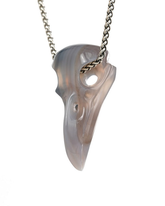Night Pathfinder - Gem Raven Skull Pendant Necklace of Agate Carved Raven Skull - 9900443