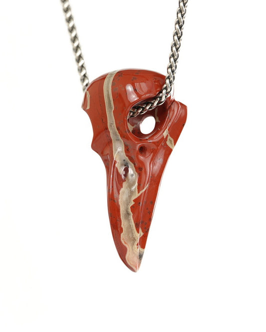Night Pathfinder - Gem Raven Skull Pendant Necklace of Red Jasper Carved Raven Skull - 9900445