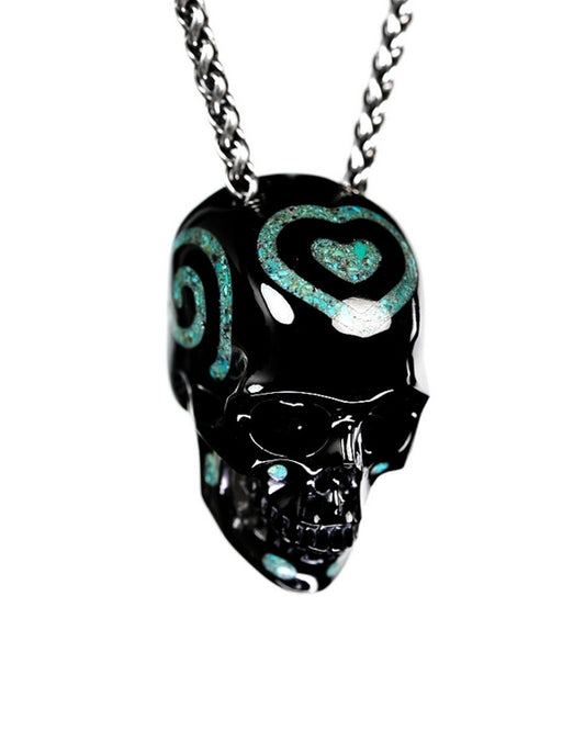 Ink & Sea - Gem Skull Pendant Necklace of Black Obsidian & Turquoise Inlaid Carved Hollow Skull - 9900459