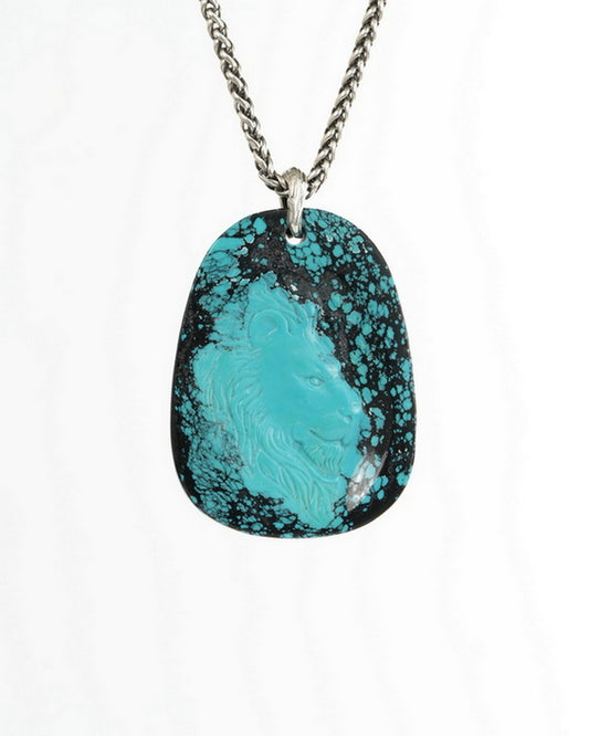 Skullis Spiderweb Turquoise (Matrix Turquoise) Gem Lion Pendant or Necklace, Hand Carved, for Women & Men - 9900493