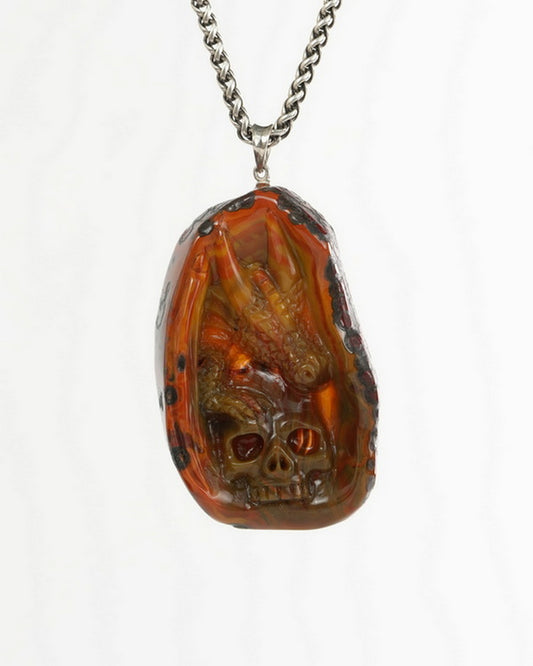 Skullis Empire Red Agate Gem Skull with Dragon and Skull Pendant or Necklace, Hand Carved, for Women & Men - 9900494
