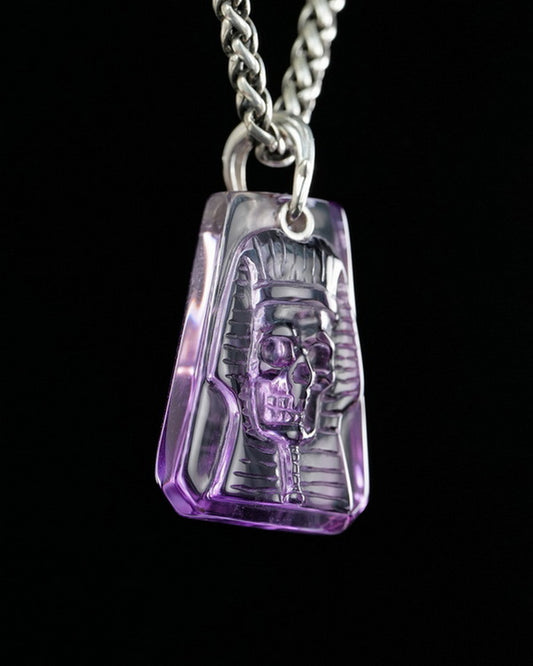 Gem Skull Pendant Necklace of Amethyst Carved Pharaoh Skull - 9900496