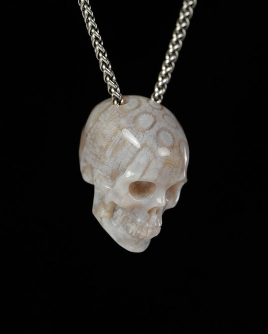 Hollow Essence - Gem Skull Pendant Necklace of Coral Fossil Carved Hollow Skull - 9900498