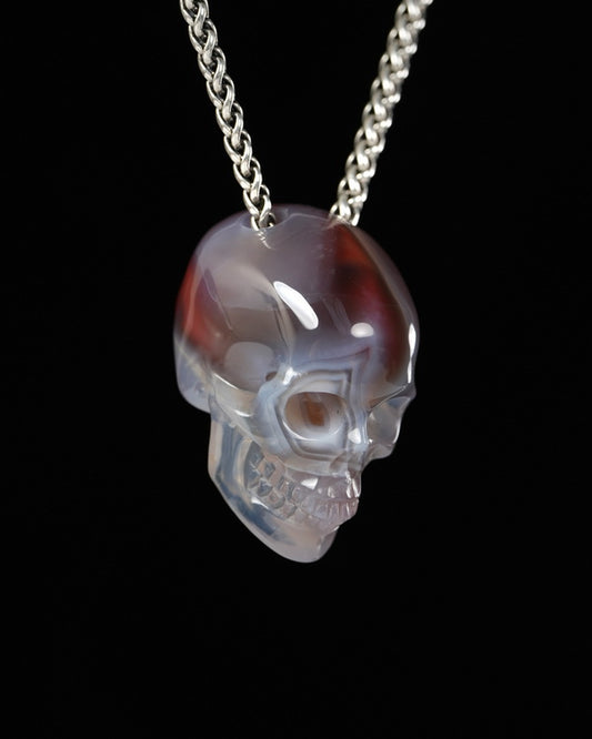 Hollow Essence - Gem Skull Pendant Necklace of Mozambique Agate Carved Hollow Skull - 9900499