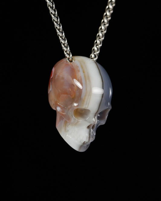 Hollow Essence - Gem Skull Pendant Necklace of Mozambique Agate Carved Hollow Skull - 9900500