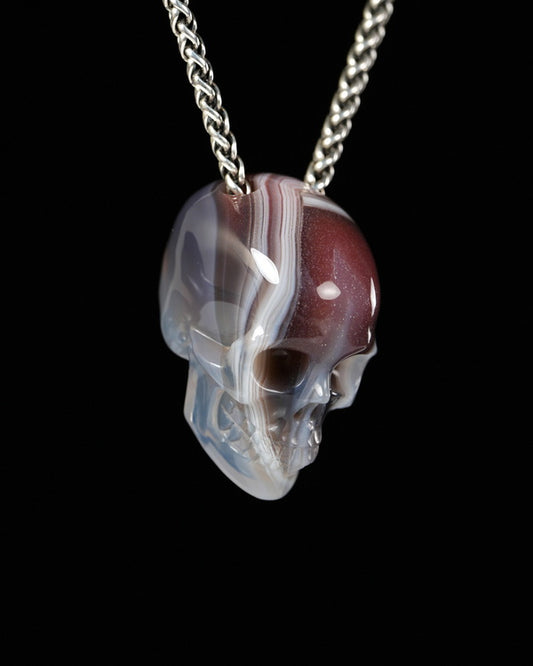 Hollow Essence - Gem Skull Pendant Necklace of Mozambique Agate Carved Hollow Skull - 9900501