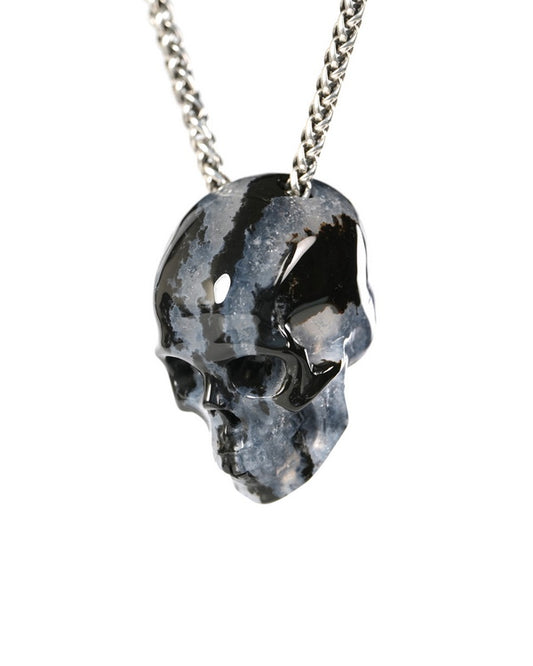Hollow Essence - Gem Skull Pendant Necklace of Black Zebra Agate Carved Hollow Skull - 9900505