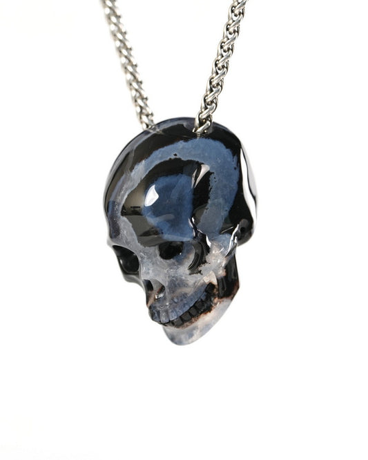 Hollow Essence - Gem Skull Pendant Necklace of Black Zebra Agate Carved Hollow Skull - 9900506