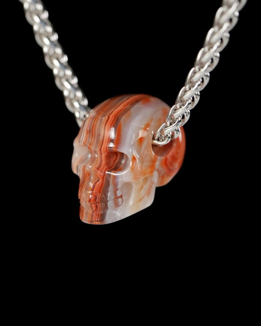 Minimalist Skull Pendant - 0.6" Red Crazy Lace Agate Gem Skull Pendant or Necklace, Hand Carved, for Women & Men - 9900507