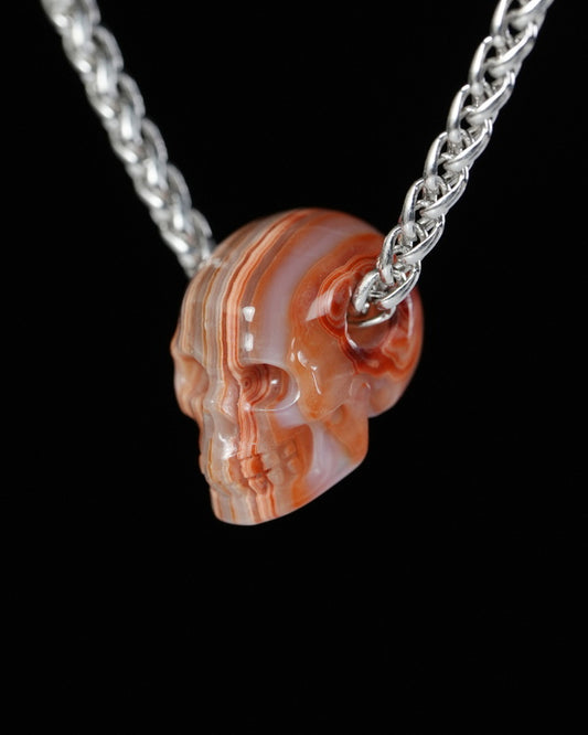 Minimalist Skull Pendant - 0.6" Red Crazy Lace Agate Gem Skull Pendant or Necklace, Hand Carved, for Women & Men - 9900508