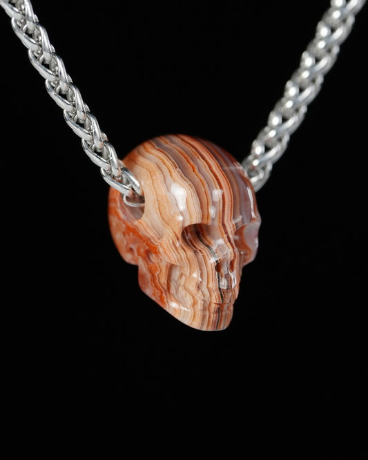 Minimalist Skull Pendant - 0.6" Red Crazy Lace Agate Gem Skull Pendant or Necklace, Hand Carved, for Women & Men - 9900509