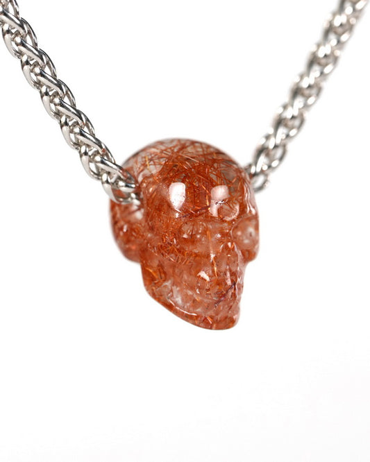 Minimalist Skull Pendant - 0.6" Rutilated Quartz Rock Crystal Gem Skull Pendant or Necklace, Hand Carved, for Women & Men - 9900511