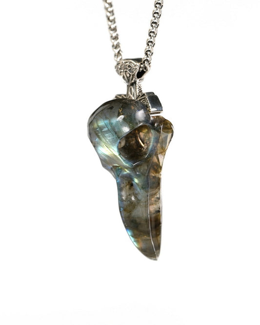 Raven Skull Hidden Sword - Gem Raven Skull Pendant Necklace of Labradorite Carved Raven Skull with Silver Sword Necklace- 9900514