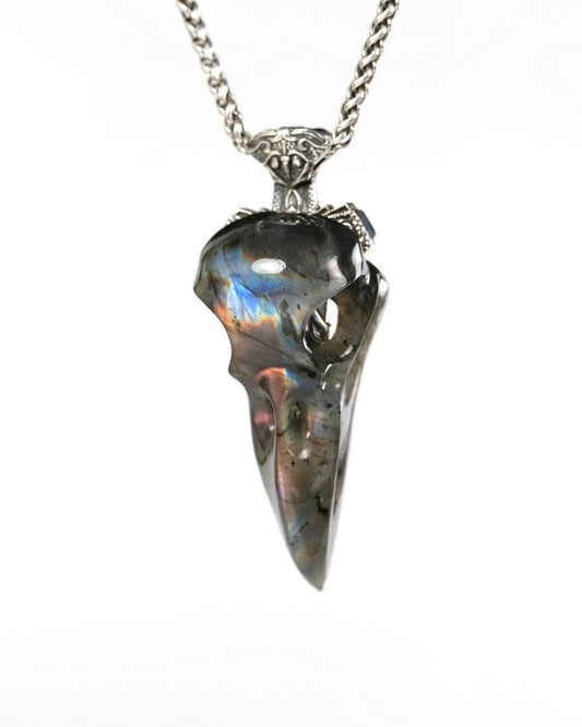 Raven Skull Hidden Sword - Gem Raven Skull Pendant Necklace of Labradorite Carved Raven Skull with Silver Sword Necklace- 9900515