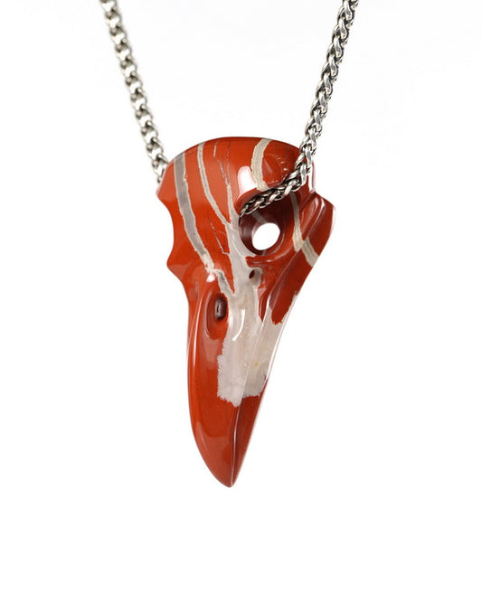 Night Pathfinder - Gem Raven Skull Pendant Necklace of Red Jasper Carved Raven Skull - 9900516