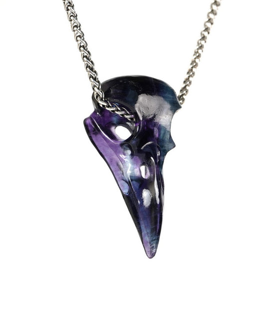 Night Pathfinder - Gem Raven Skull Pendant Necklace of Fluorite Carved Raven Skull - 9900517