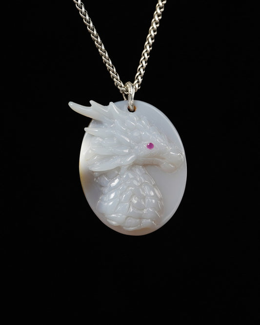 Skullis Agate Dragon with Ruby Eyes Pendant or Necklace, Hand Carved, for Women & Men - 9900519